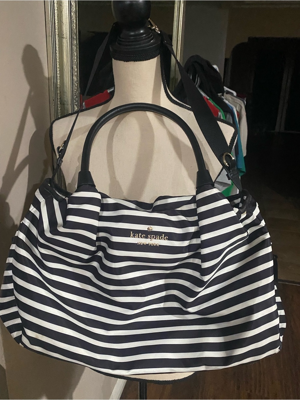 KATE SPADE STEVIE Luxury Large Black & White Striped Nylon Diaper Bag Travel